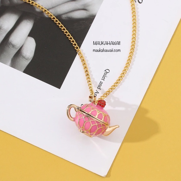 Enamel Pink Teapot Poison Pill Secret Compartment Necklace w 18 in Chain New! - Picture 2 of 14